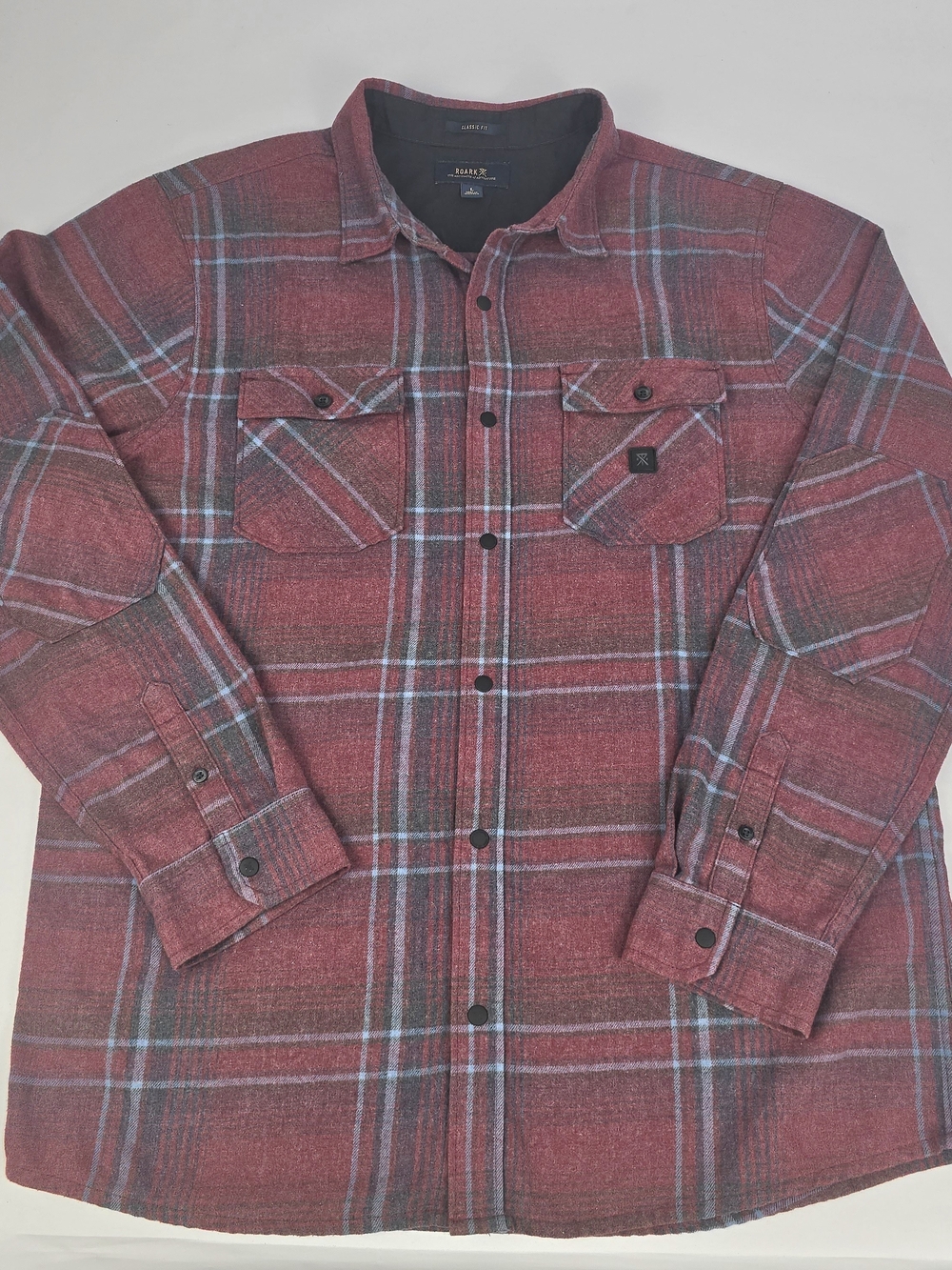 Roark Flannel Shirt Mens Large Red Plaid Snap Button Elbow Patch Organic Cotton